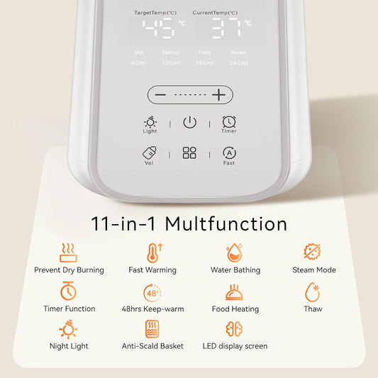 Baby Bottle Warmer for Breast Milk with Timer & Night Light, 11-in-1 Milk Warmer for Baby Bottles, 48H Keep Warm, BPA-Free Fast Heating with Adjustable Temperature for Glass/PPSU Bottles