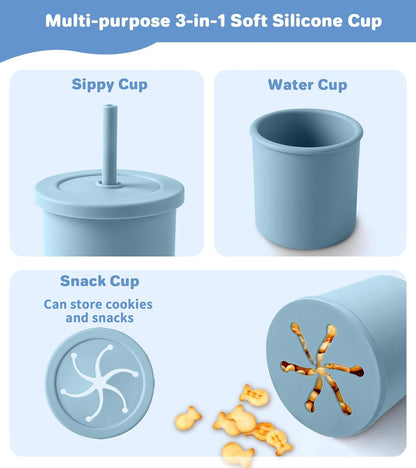 Silicone Baby Feeding Set, 10 Pcs Baby Led Weaning Supplies Baby Eating Essentials Set with Suction Bowl Divided Plate Adjustable Bib Soft Spoon Fork Cup with Lid Drinking Cup, Travel Bag (Blue)