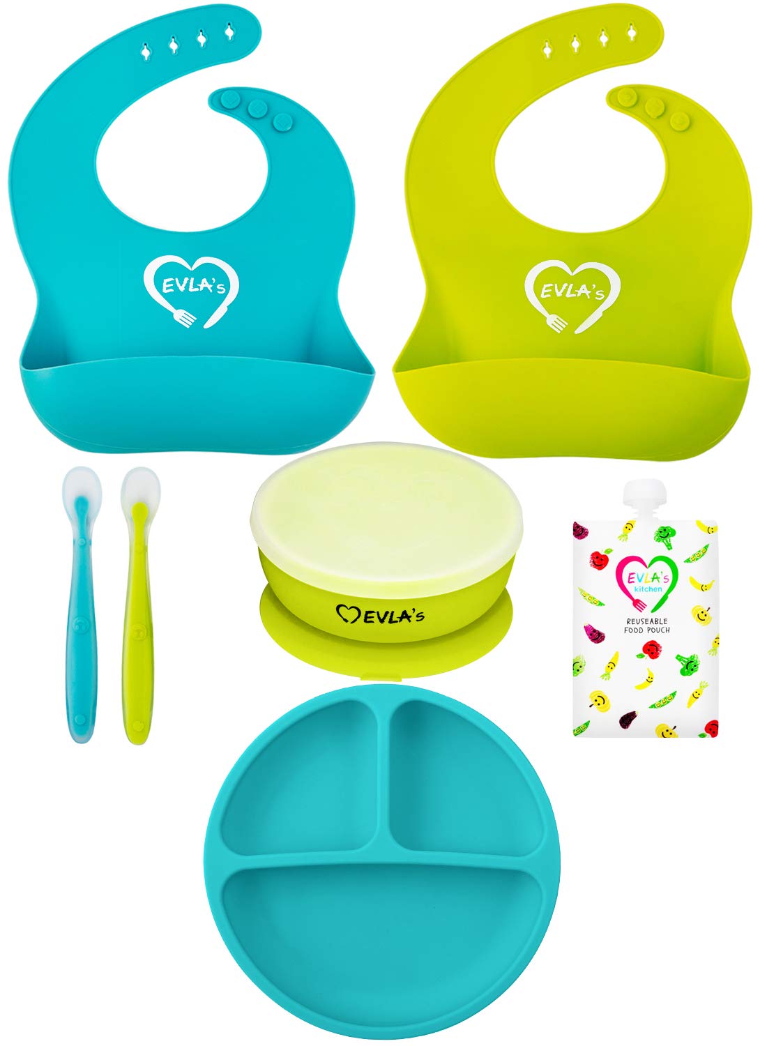 EVLA'S Baby Feeding Set, Baby Led Weaning Supplies, Adjustable Silicone Bibs, Divided Plate, Suction Bowl with Lid, Soft Spoons for Babies or Toddlers, Baby Registry must have!(Pink and Purple)