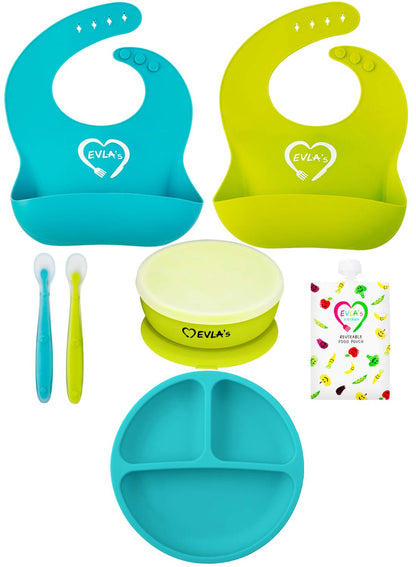 EVLA'S Baby Feeding Set, Baby Led Weaning Supplies, Adjustable Silicone Bibs, Divided Plate, Suction Bowl with Lid, Soft Spoons for Babies or Toddlers, Baby Registry must have!(Pink and Purple)