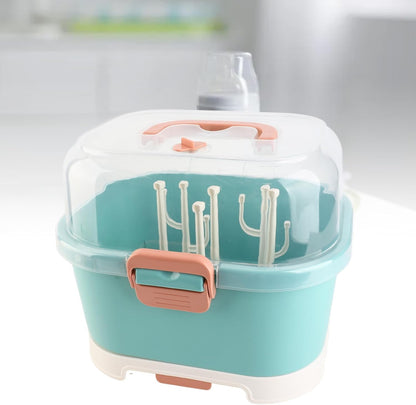 Baby Bottle Drain Rack, Feeding Cup Holder, Portable Large Capacity Toddler Bottles Storage Box with Lid Cover, Multifunctional Anti Dust Cutlery Storage Drying Rack for Teats, (Purple)