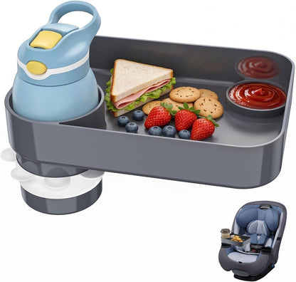 Kids Car Seat Tray, Travel Tray with Cup Holder for Toddler Baby, Kids Car Seat Food Snack Organizer for Road Trip, Stroller Snack Organizer Travel Must Haves Toddler Must Haves (Dark Gray, 1PCS)