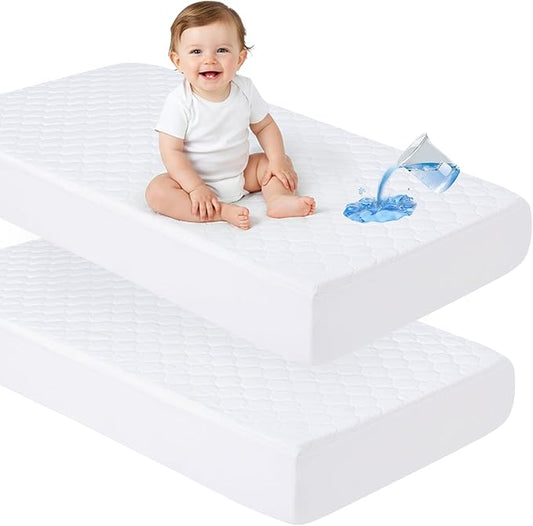 david's kids 2 Pack 52''x28'' Waterproof Crib Mattress Protector Pad Cover Stretch up to 8", Fitted Standard Crib and Toddler Mattresses, Ultra Soft and Breathable for Boys Girls Neutral, White