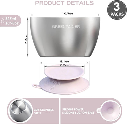 Greentainer Stainless Steel Baby Bowl Set of 3, Double Wall Insulated, Unbreakable Toddler Bowls with Removable Silicone Suction Base, Non-Slip, Dishwasher Safe, BPA-Free for Infants 6+ Months (Green)