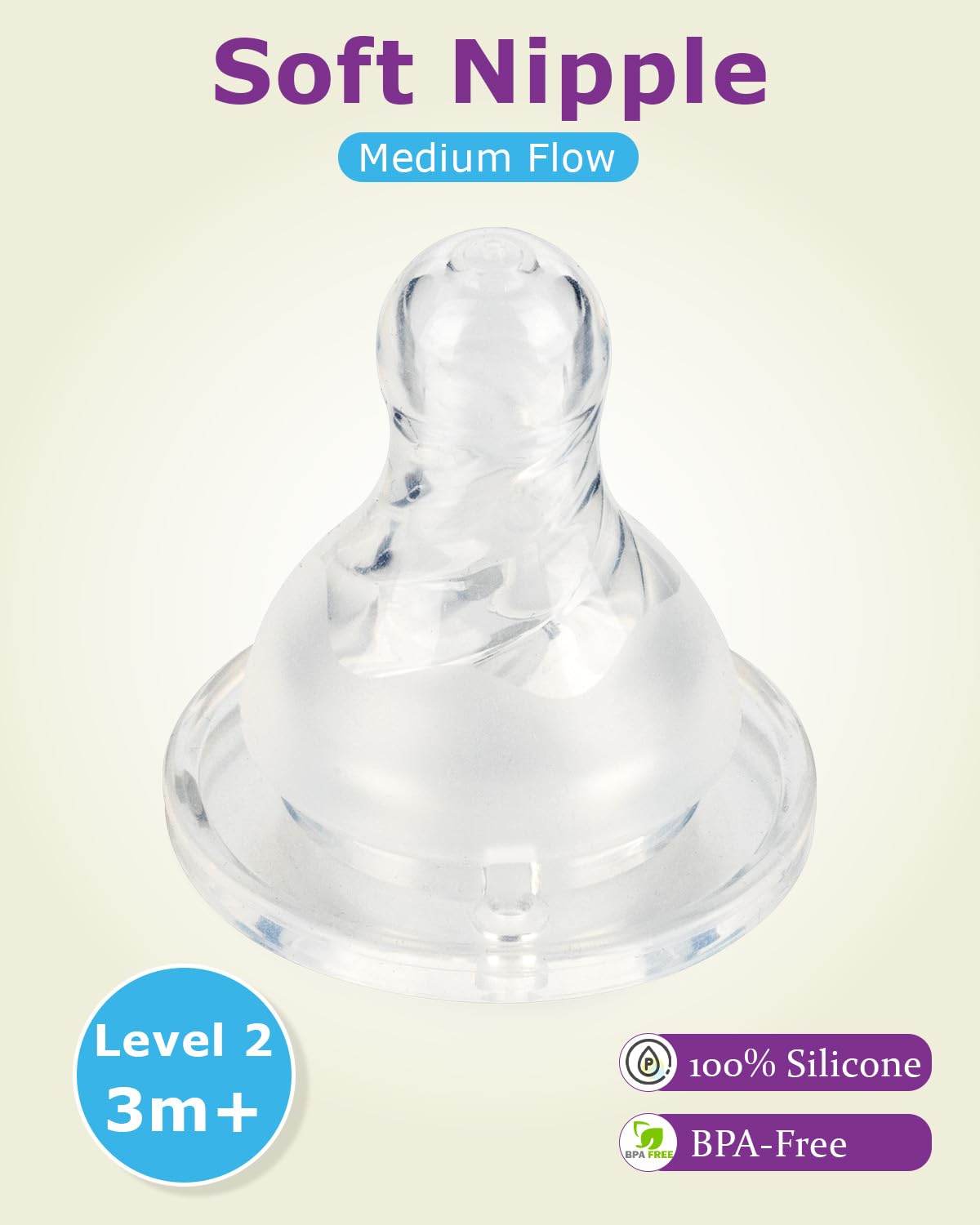 Silicone Nipples for Dr. Brown's Level 2 Narrow Baby Bottle, Medium Flow, 3m+, 6 Count