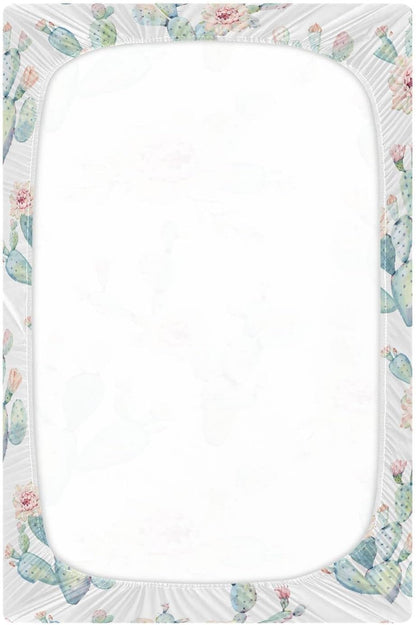 Fitted Crib Sheets Cactus and Floral Stretchy Portable Playard Sheets for Baby Toddler, Breathable Soft Mini Crib Mattress 52 x 28 in for Boys and Girls
