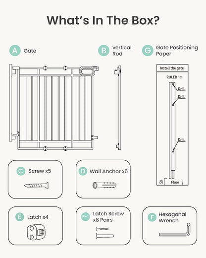 Grownsy Baby Gate for Stairs- No Bottom Bar, 29.8” to 43.5” for Child and Pet, Dog Gate with Auto-Close & One-Hand Operation, Hardware-Mounted (Drill Needed) Installation for Doorways and Indoor Use