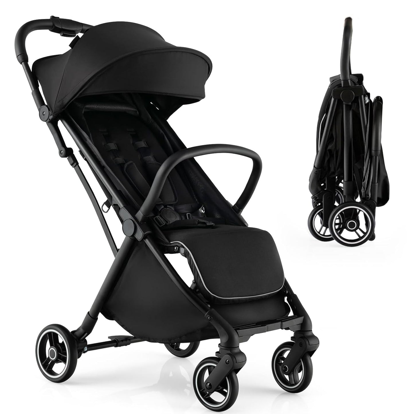 HONEY JOY Lightweight Baby Stroller, Compact Travel Stroller for Airplane, Fits Airplane Cabin & Overhead, One-Hand Gravity Fold, Self-Standing Toddler Stroller w/Adjustable Backrest/Canopy(Pink)