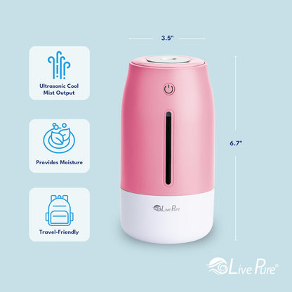 LivePure Cool Mist Humidifiers for Bedroom. Small Humidifier for Babies, Nursery, Plants, Office. Ultrasonic Cool Mist Humidifier w/Quiet Operation, USB-C Rechargeable. Rose Quartz