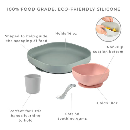 BEABA 100% Silicone 4-Piece Baby Feeding Set, Suction Plates for Baby, Made w/High Grade Food Safe Silicone, Rose