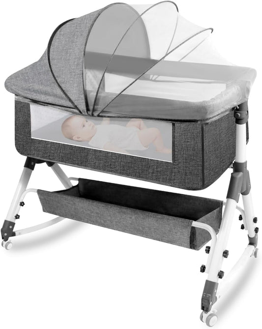 AOBOTE Baby Bassinet,Foldable Newborn Crib with Mosquito Net and Wanxiang Silent Wheel, Adjustable Height,Bassinet Bedside Sleeper (AB010011-1)