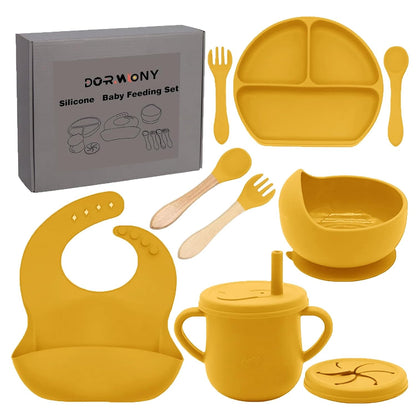 100% Silicone Baby Feeding Set, BPA Free Baby Dishes with Suction Bowl, Divided Plate, Toddler Self Feeding Dish Set with Spoons, Forks, Sippy Cup and Bib, Baby Eating Utensils (Navy Blue)