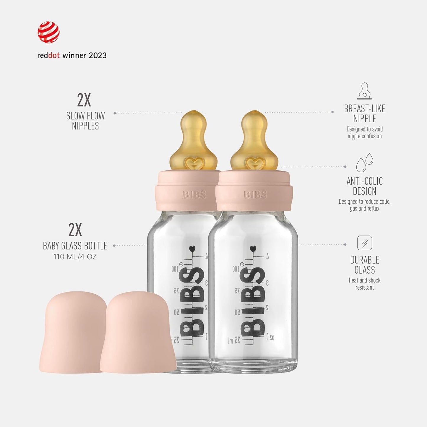 BIBS Baby Glass Bottle. Anti-Colic. Round Natural Rubber Latex Nipple. Supports Natural Breastfeeding, Complete Set - 110 ml, Cloud
