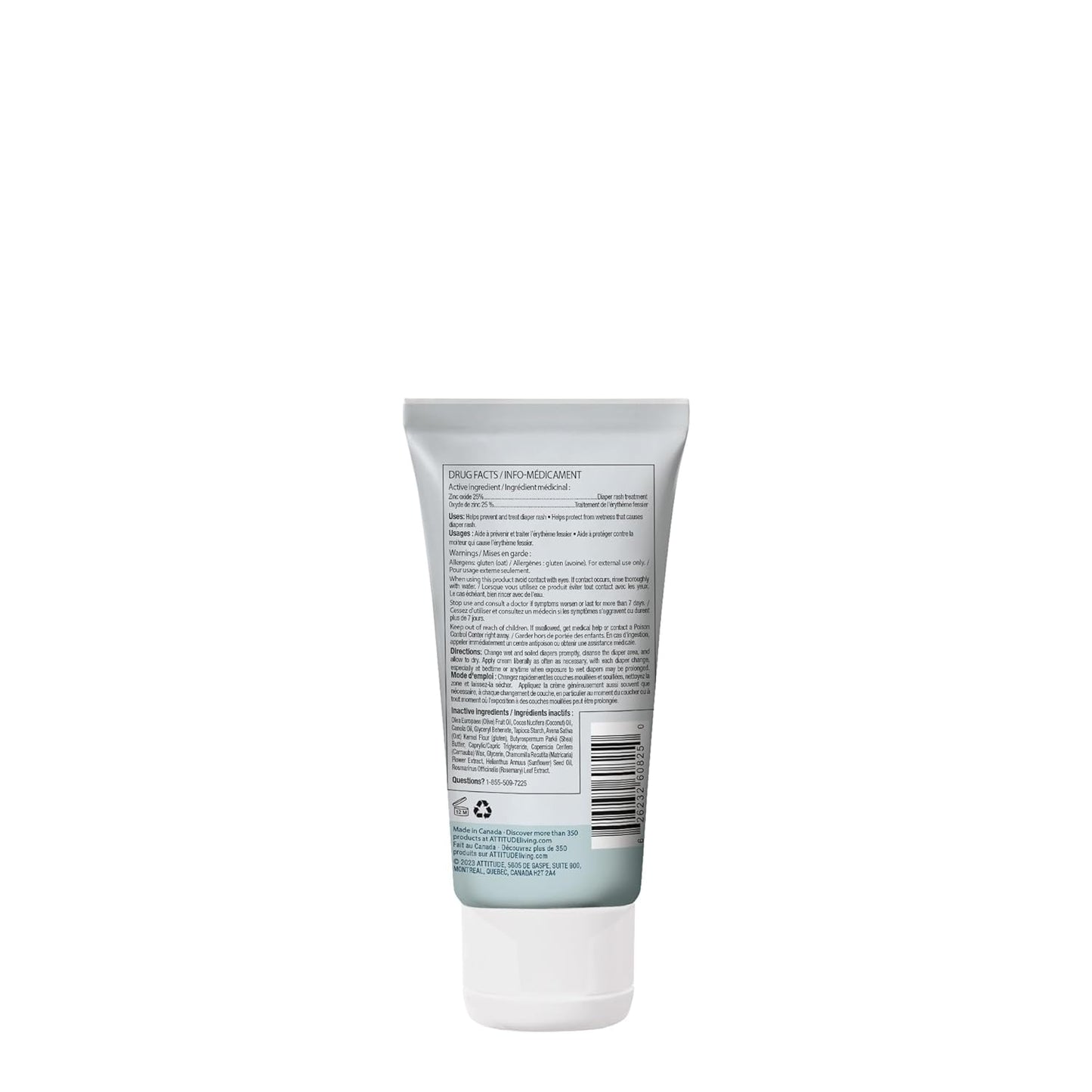 ATTITUDE Diaper Cream with Zinc & Oatmeal for Baby with Sensitive Skin, Plant and Mineral Based, Dermatologically Tested, Vegan, Unscented, 2.6 Oz