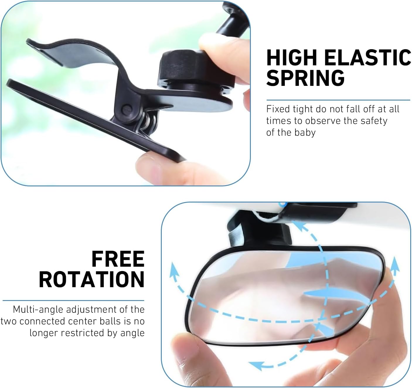 Car Mirror for Baby, Multi-functional Convex HD Wide-angle Rear View Mirror, Clip On 360 Degrees Adjustable Observation Auxiliary Tool, Universal for Most Vehicles (Black)