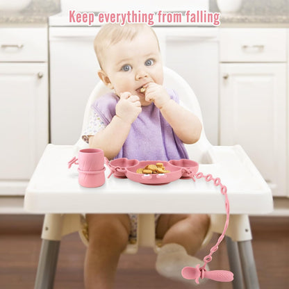 Silicone Baby Feeding Set, 8-Piece Baby Led Weaning Supplies Included Toddler Suction Plate, Bowl, Cup, 3 Spoons & 2 Safety Straps Keep Spoon, Fork & Bottle Off The Floor for Self-Feeding (Blue)