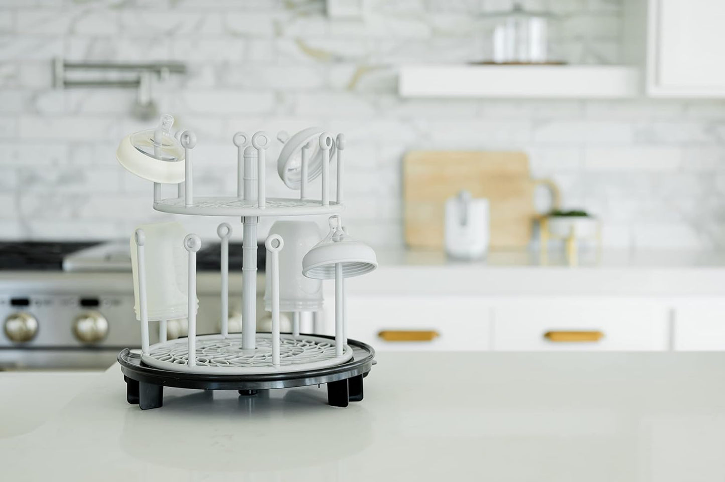 The First Years Spin Stack Bottle Drying Rack - Black - 2-Tier Rotating Countertop Drying Rack for Up to 16 Bottles - Baby Essentials for Everyday Use