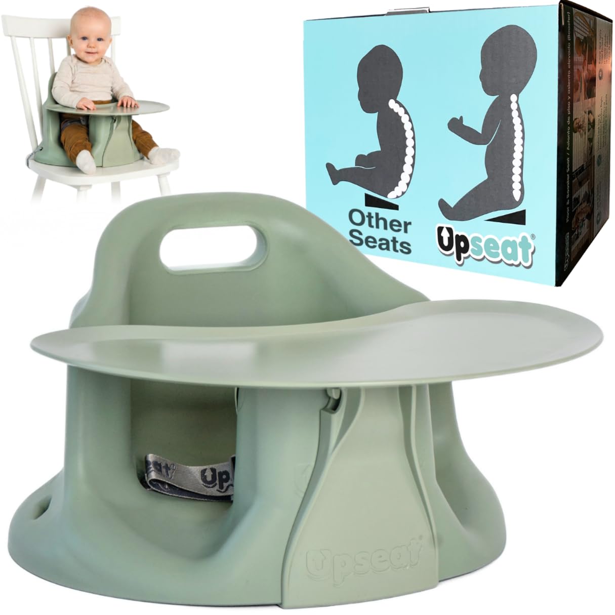 Upseat – The Original Ergonomic Baby Floor & Booster Seat with Tray, Developed with Physical Therapists for Upright Posture & Healthy Hip Development, 4–24 Months, Dishwasher-Safe Extra-Large Tray
