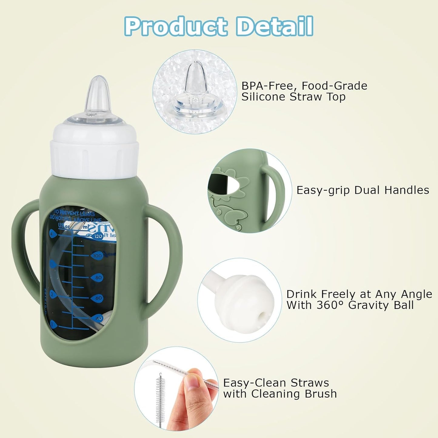 Sippy Straw Cup Conversion Kit with Silicone Sleeves for Dr. Brown's Narrow Glass Baby Bottle 4oz,Anti Breakage Baby Bottles Replacement Kit with Handle and Soft Sippy Spout,6m+,Set of 3