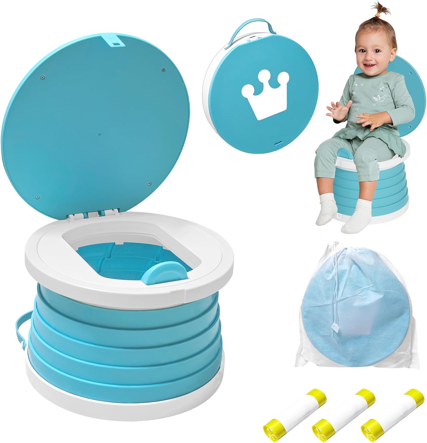 Portable Potty Chair for Toddlers with Splash-Proof Design, Foldable Travel Potty with Bag & 30 Refills - Kids Toilet for Car, Camping, Indoor - Easy Clean Baby Potty Training Seat(Red-blue)