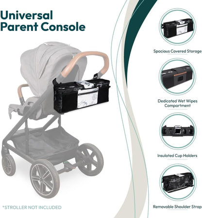 WONDERFOLD Universal Parent Console Stroller Organizer with Insulated Cup Holders, Hook & Loop Closure Handle Attachment, 2 Storage Pockets, Removable Shoulder Strap for Easy Transport