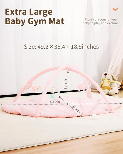 ANGELBLISS Baby Play Gym Mat, Reversible Tummy Time Mat with 6 Sensory Toys for Stage-Based Developmental, Thick & Large Baby Activity Center from Newborn to Toddler (Pink)