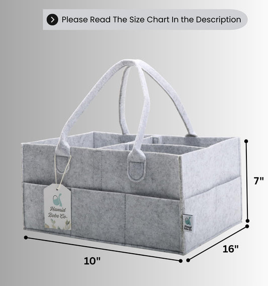 Hamid Baby Diaper Caddy Organizer – Includes Infant Face Cleaning Towel – Large Portable Nursery Storage Basket with 3 Compartments, 8 Pockets, Removable Dividers – Car, Travel Diaper Bag - Grey