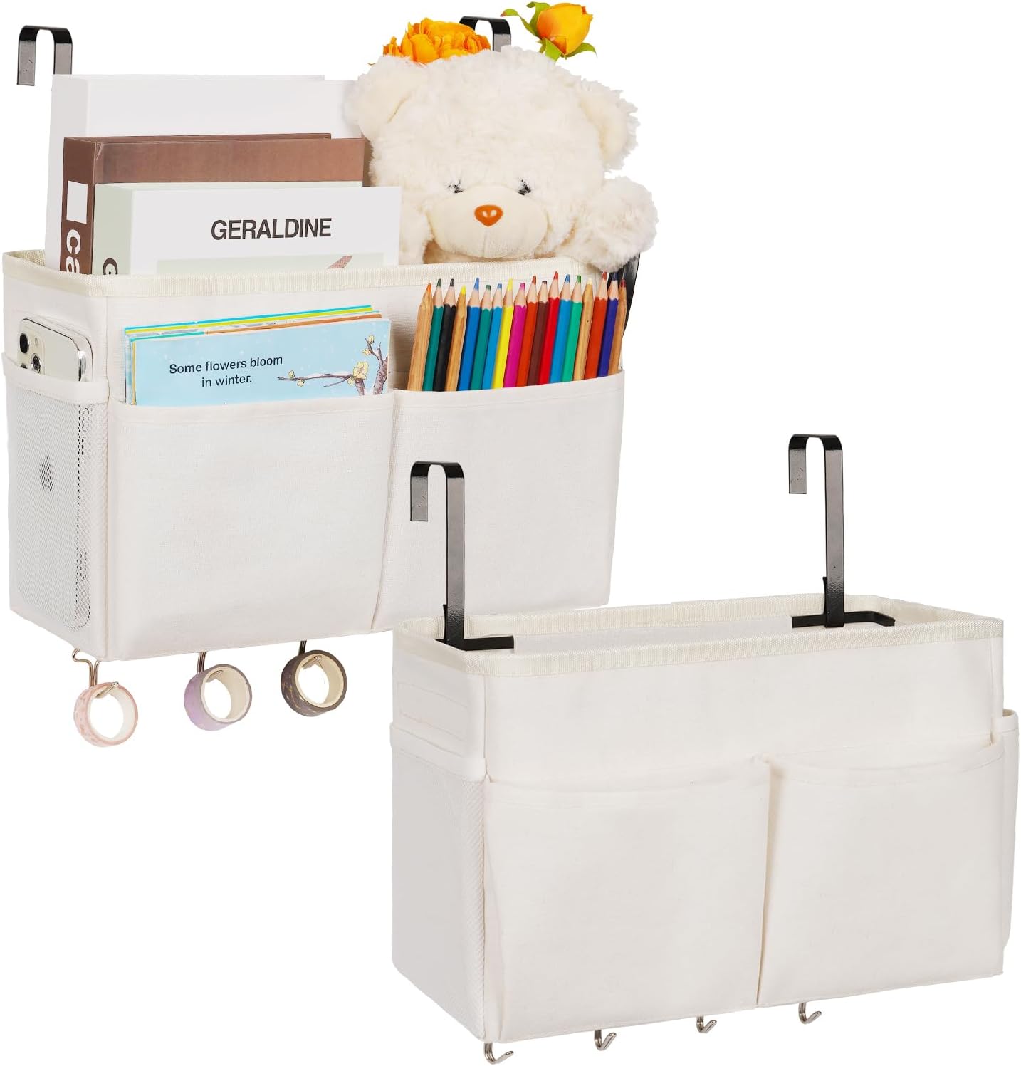 Bedside Storage Organizer 5 Pockets with 4 Hooks Hanging Storage Bag for Headboards/Bunk Bed (Pink)