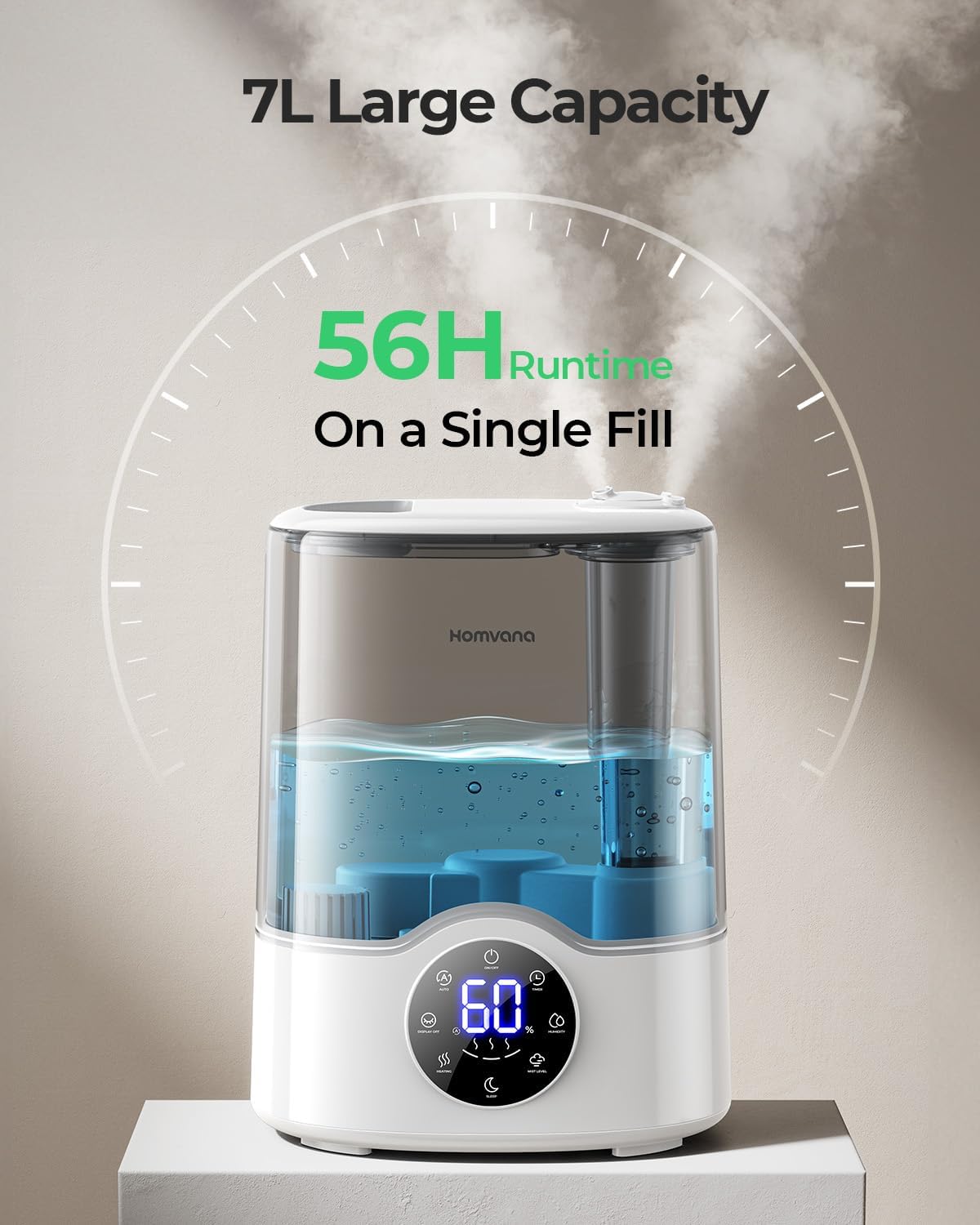 Homvana Humidifier Large Room, 7L (807ft²) Smart Warm and Cool Mist, Top-Fill Humidifiers for Bedroom Baby Nursery Grow Tent, Auto Adapt Mist Quick Air Humidity Indoor, Easy to Clean, Quiet, Diffusers