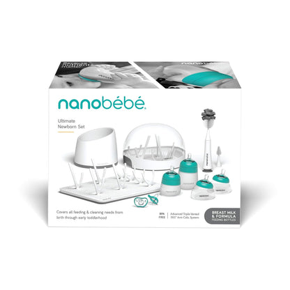 Nanobebe Breastmilk and Silicone Baby Bottle Ultimate Set Gen 2, 5oz and 9oz - with Sterilizer, Drying Rack, Anti-Colic Nipples, Pacifiers, and Warmer - Teal/Grey