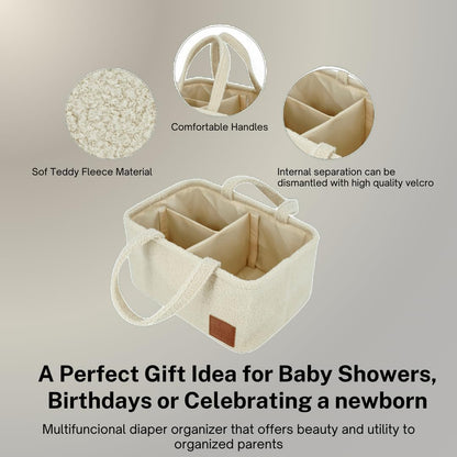 Baby Diaper Caddy Organizer: Soft Beige Teddy Wool - Portable Diaper Caddy, Car Organizer - Newborn Essentials Must Have - Nursery Storage Basket for Baby Essentials. Baby shower & Newborn Gift Idea