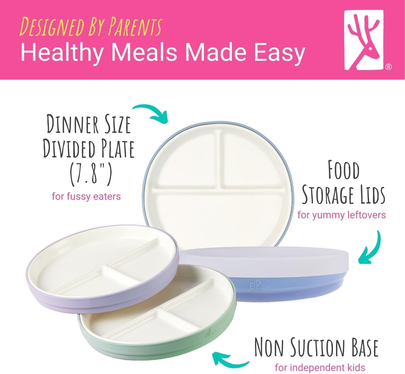 Elk and Friends Kids 7.8” Porcelain Divided Plates with Silicone Sleeves | Suitable for Babies/Kids/Toddlers | Microwave & Dishwasher Safe | Non Slip | Snack Dishes