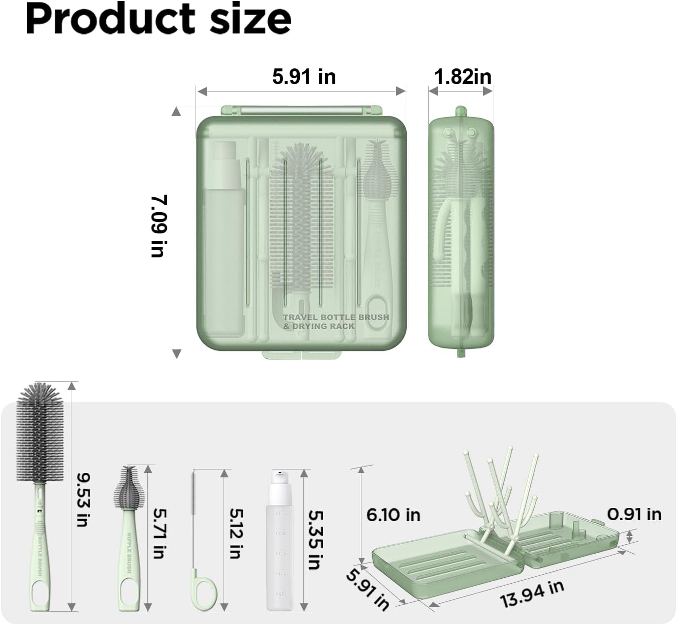YOTIME Travel Bottle Brush, Travel Bottle Cleaner Kit with Foldable Bottle Drying Rack, for Visit Friends and Relations, Baby Travel Essentials, BPA Free, Green