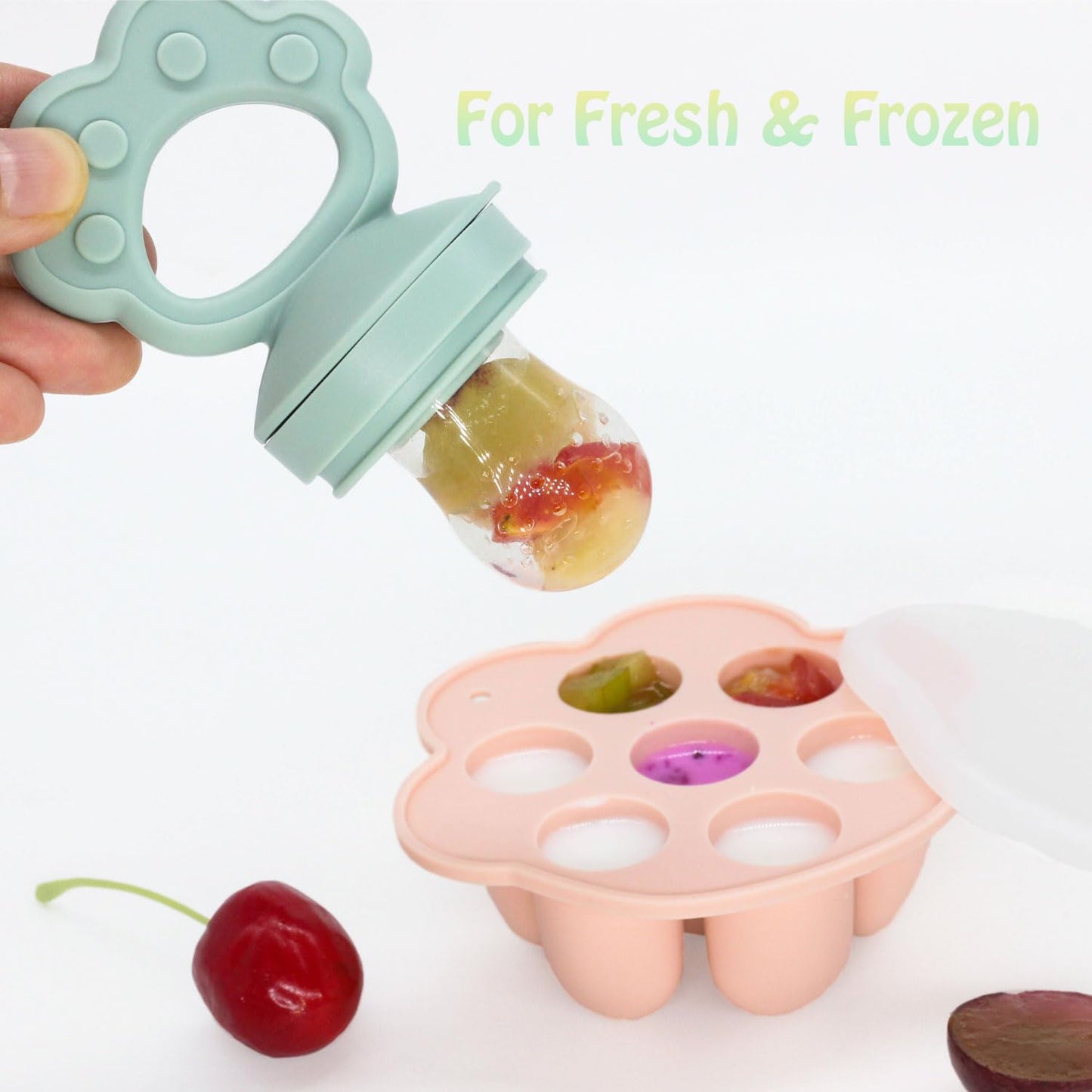 Ginbear Baby Fruit Food Feeder & Popsicle Molds Combo (Set of 2), Silicone Teething Feeders with Freezer Tray for Infants 4 Months+ (Pink/Lilac)