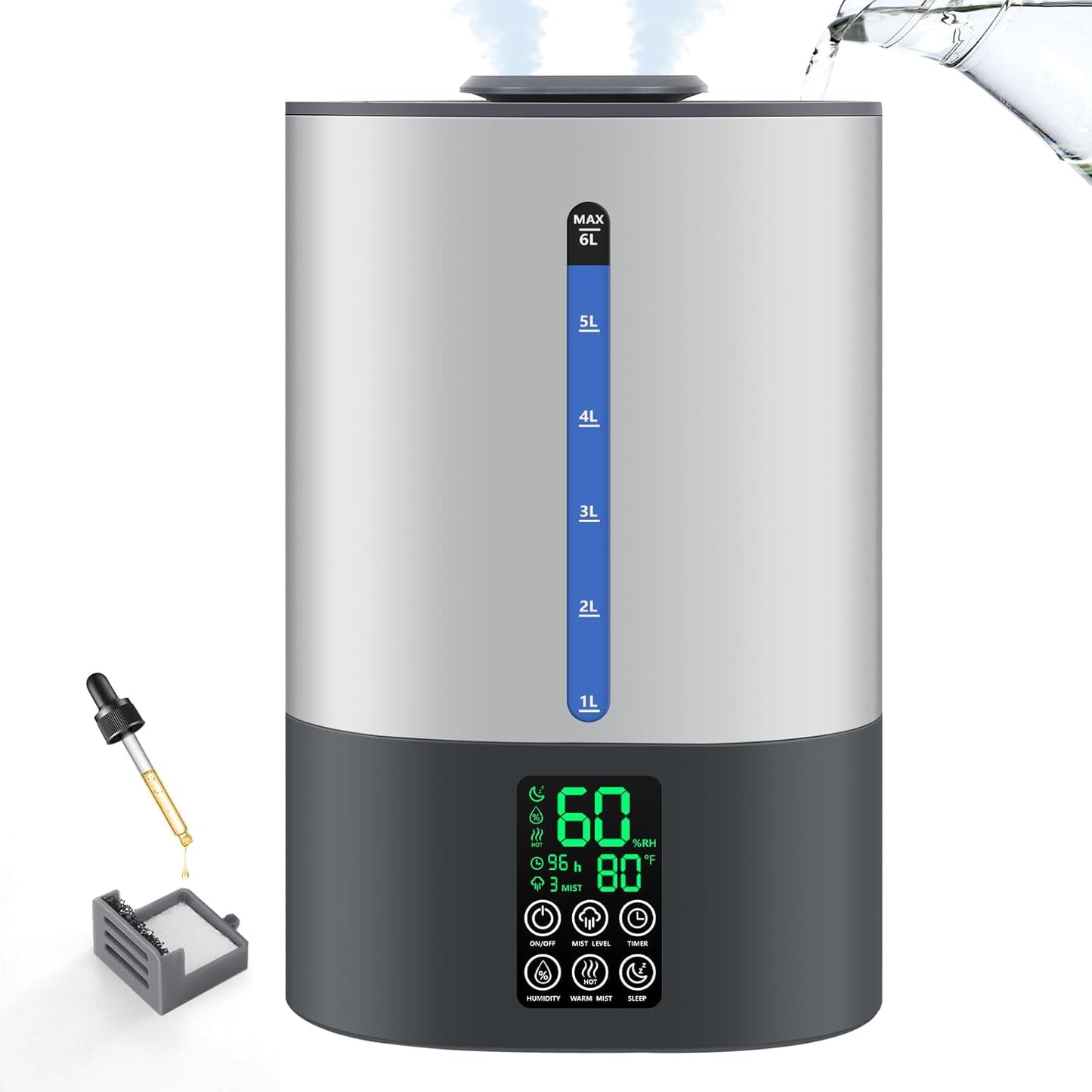 Coolfiqu 6L Humidifiers for Bedroom Large Room Home,Cool and Warm Humidifier for Baby and Plants Hot Mist Top Fill Desk Humidifiers Oil Diffuser,Quiet,Adjustable Mist,360°Nozzle-Black(2026 Upgraded)