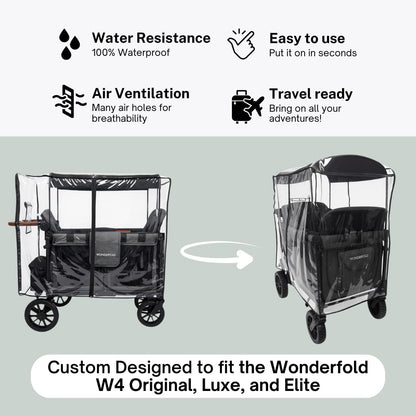 Rain Cover for the WonderFold W4 Original, W4 Luxe, and W4 Elite Stroller Wagons by SASHA'S – Clear, Zipper Access, Maximum Coverage (Stroller Wagon Not Included)