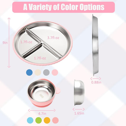 MISSLILI Stainless Steel Baby Plate and Bowls with Suction, Divided Kids Baby Plate and Toddler Bowl with Removable Silicone Suction, Non-Slip Baby Feeding Set Dishwasher Safe，4 Packs