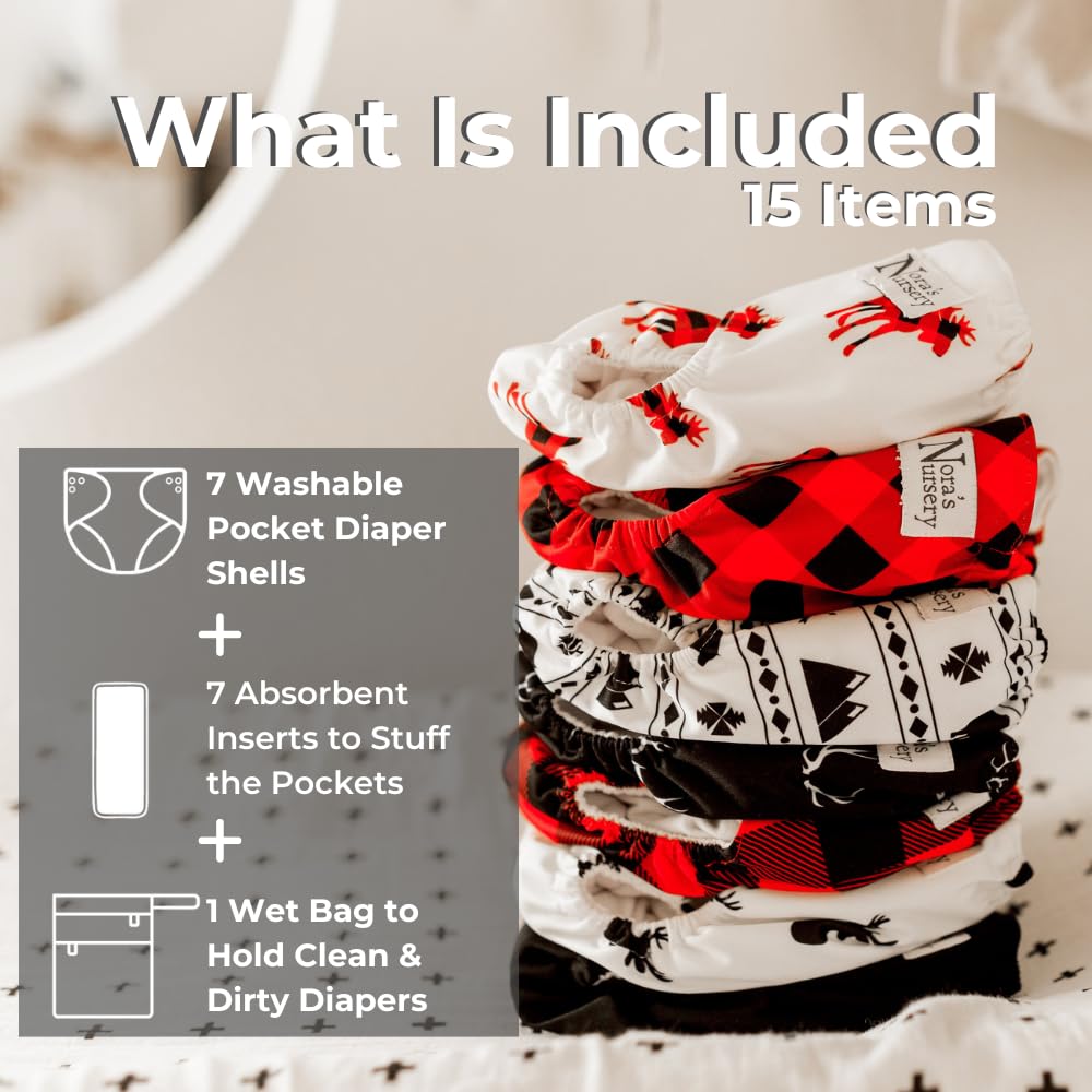 Nora's Nursery Cloth Diapers 7 Pack with 7 Inserts & 1 Wet Bag - Waterproof Cover, Washable, Reusable & One Size Adjustable Pocket Diapers for Newborns and Toddlers - Cali Coastal