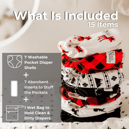 Nora's Nursery Cloth Diapers 7 Pack with 7 Inserts & 1 Wet Bag - Waterproof Cover, Washable, Reusable & One Size Adjustable Pocket Diapers for Newborns and Toddlers - Cali Coastal