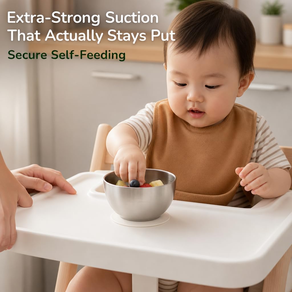 Stainless Steel Suction Bowl for Baby & Toddler – 4.3” Baby Led Weaning Bowl with Strong Silicone Base, 6M+ Self Feeding, Double Wall Insulated, Plastic-Free, Dishwasher Safe