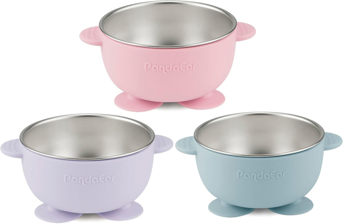 PandaEar 3 Pack Baby Stainless Steel Bowls with Suction, Non-Slip Child Food Bowl with Silicone Sleeve for Kids Toddlers Infants, Extra Strong Base, BPA free