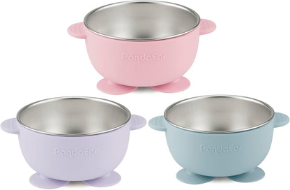 PandaEar 3 Pack Baby Stainless Steel Bowls with Suction, Non-Slip Child Food Bowl with Silicone Sleeve for Kids Toddlers Infants, Extra Strong Base, BPA free