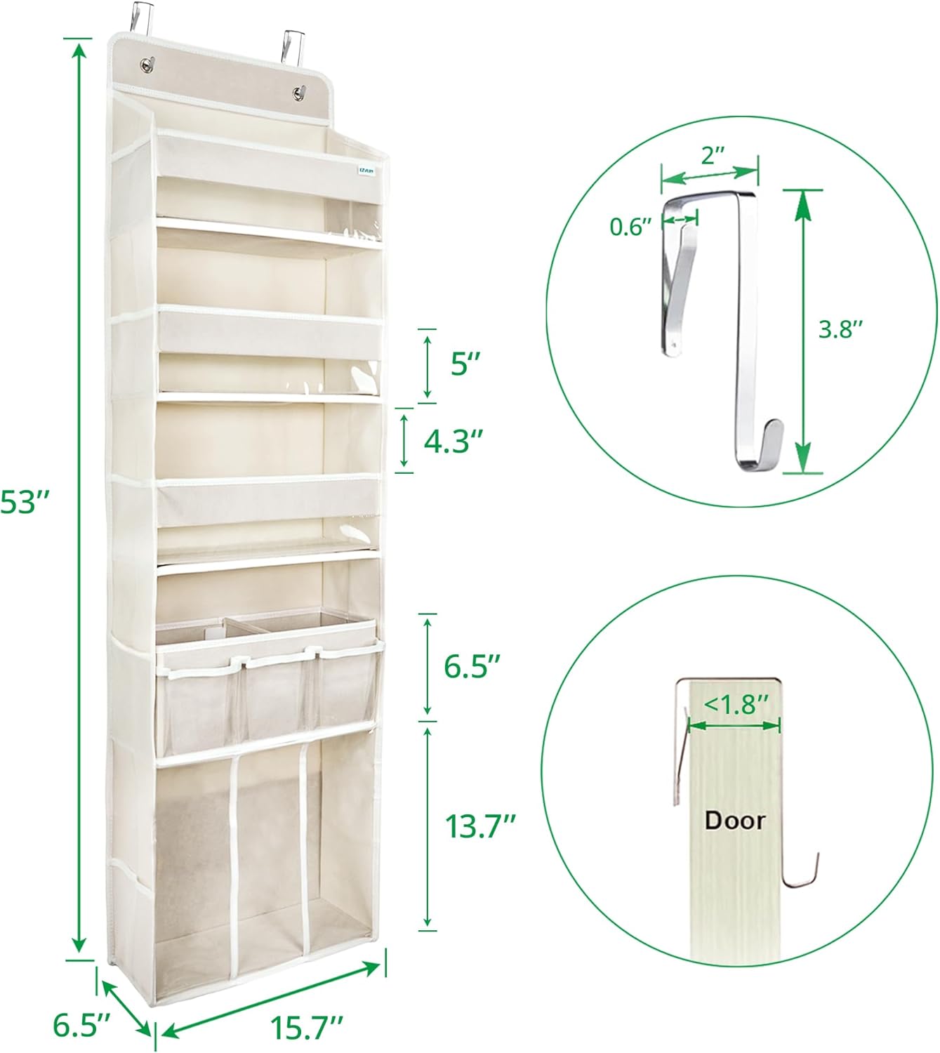 Door Hanging Storage Organizer,with 3 Bins 1 Movable Baby Diaper Caddy,1 Large capacity diaper stacking storage Organizer,10 Side Pockets ,Bedroom Door Storage for Nursery Baby Essentials. (Dark grey)