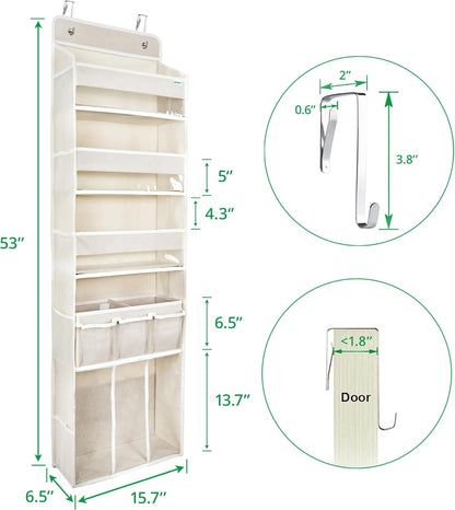 Door Hanging Storage Organizer,with 3 Bins 1 Movable Baby Diaper Caddy,1 Large capacity diaper stacking storage Organizer,10 Side Pockets ,Bedroom Door Storage for Nursery Baby Essentials. (Dark grey)