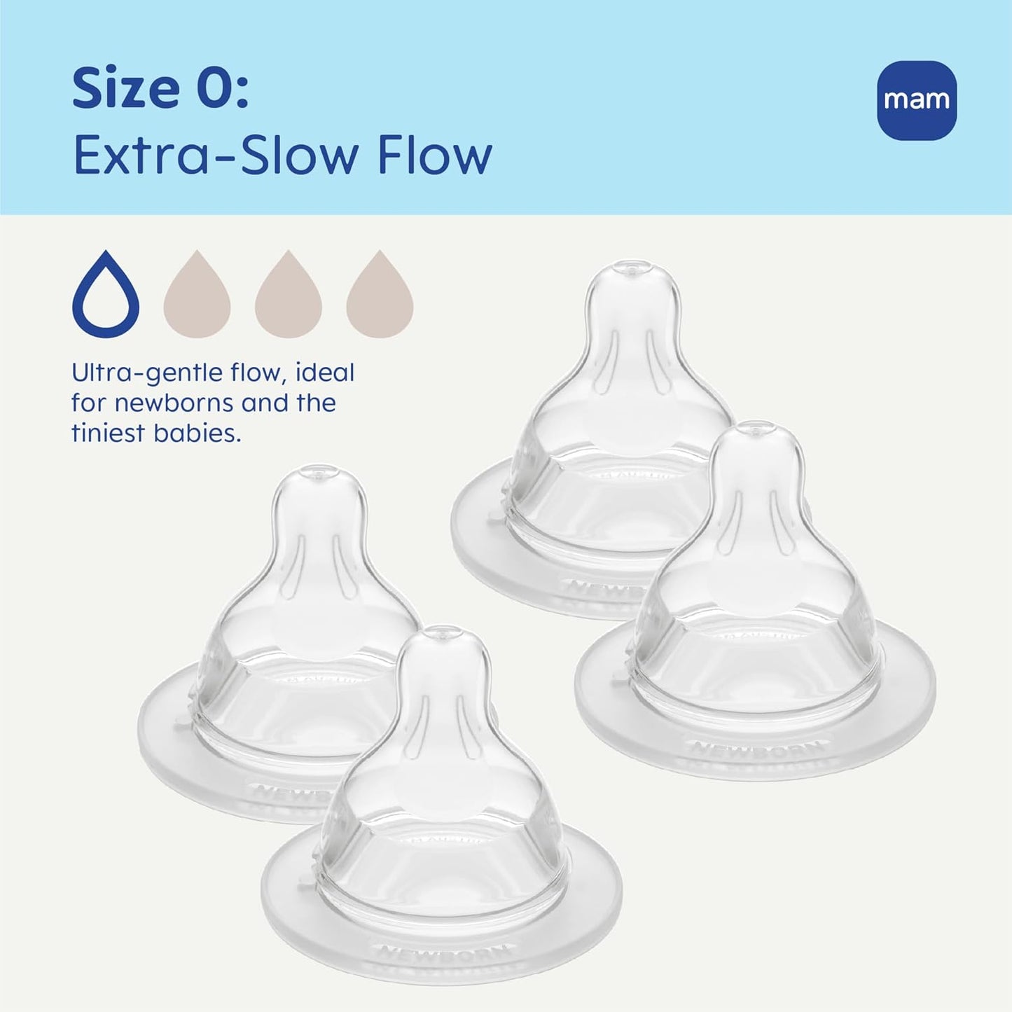 MAM Baby Bottle Anti-Colic Nipples Extra Slow Flow Size 0, for Newborn Babies, Skin Soft BPA Free Silicone, 94% Nipple Acceptance, Fits All MAM Bottles, Developed with Medical Experts, Made in Europe