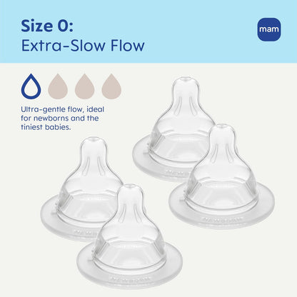 MAM Baby Bottle Anti-Colic Nipples Extra Slow Flow Size 0, for Newborn Babies, Skin Soft BPA Free Silicone, 94% Nipple Acceptance, Fits All MAM Bottles, Developed with Medical Experts, Made in Europe