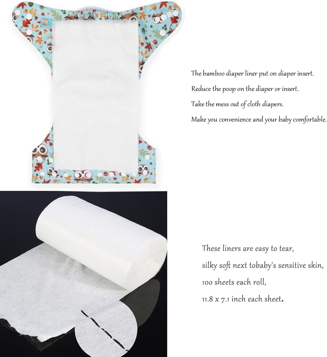 ALVABABY Diaper Liner for Baby Cloth Diapers Natural Soft Disposable Diaper Liners 11.8x7.1 Inch Fragrance Free Chlorine Free 400 Sheets