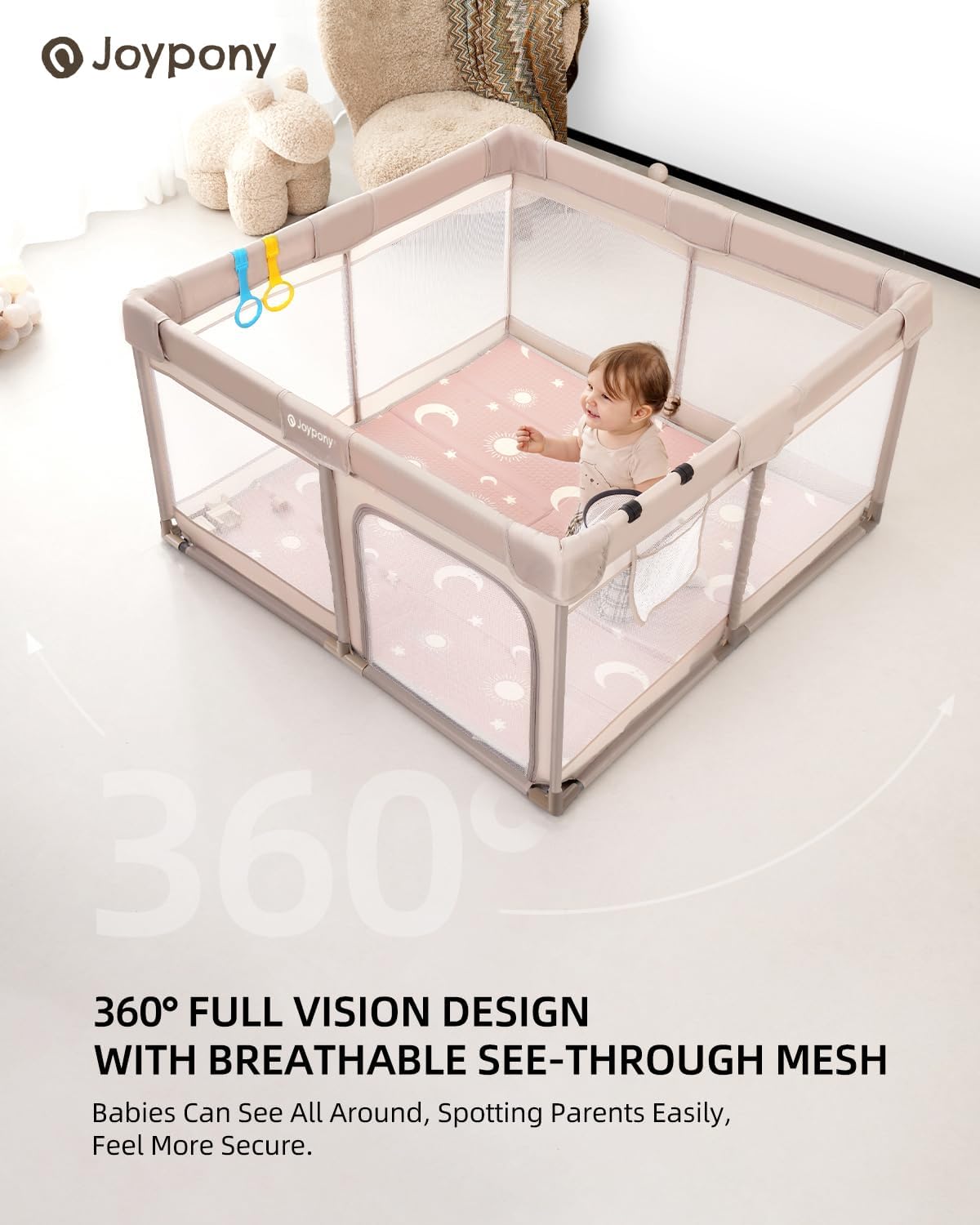 Joypony Baby Playpen with Mat, 50x50 in Small Play Pen for Babies, Toddler Playpen for Apartment, Indoors Play Yard with Soft Breathable Mesh (Beige with Mat)
