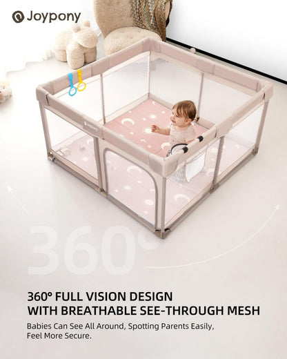 Joypony Baby Playpen with Mat, 50x50 in Small Play Pen for Babies, Toddler Playpen for Apartment, Indoors Play Yard with Soft Breathable Mesh (Beige with Mat)