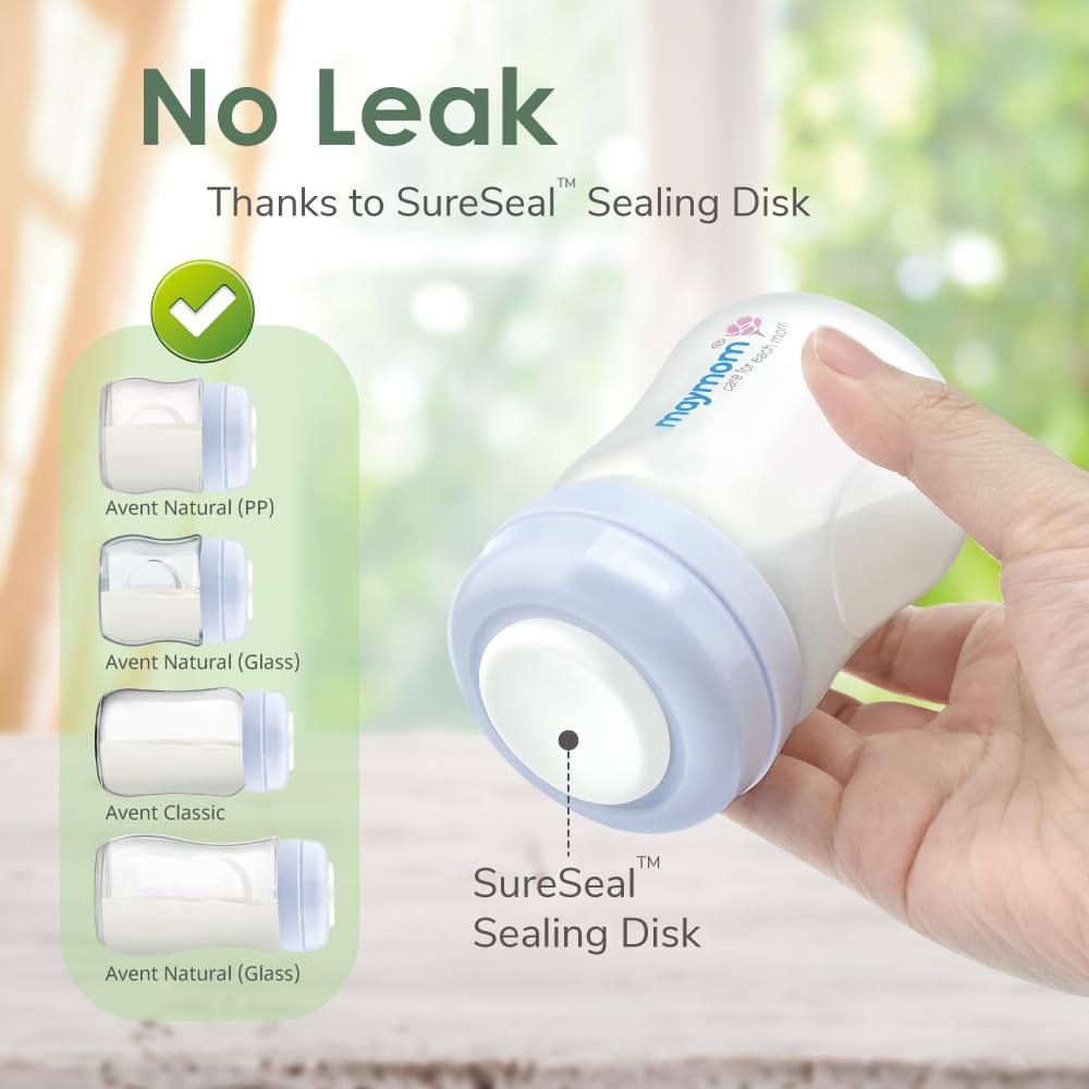 Maymom Wide-Mouth Milk Storage Feeding Collection Bottle with Nipple, Dome Cap, Bottle Top, SureSeal Sealing Disk; Compatible with Spectra Pump/Motif Luna; 5 pc (4.7Oz/140mL)